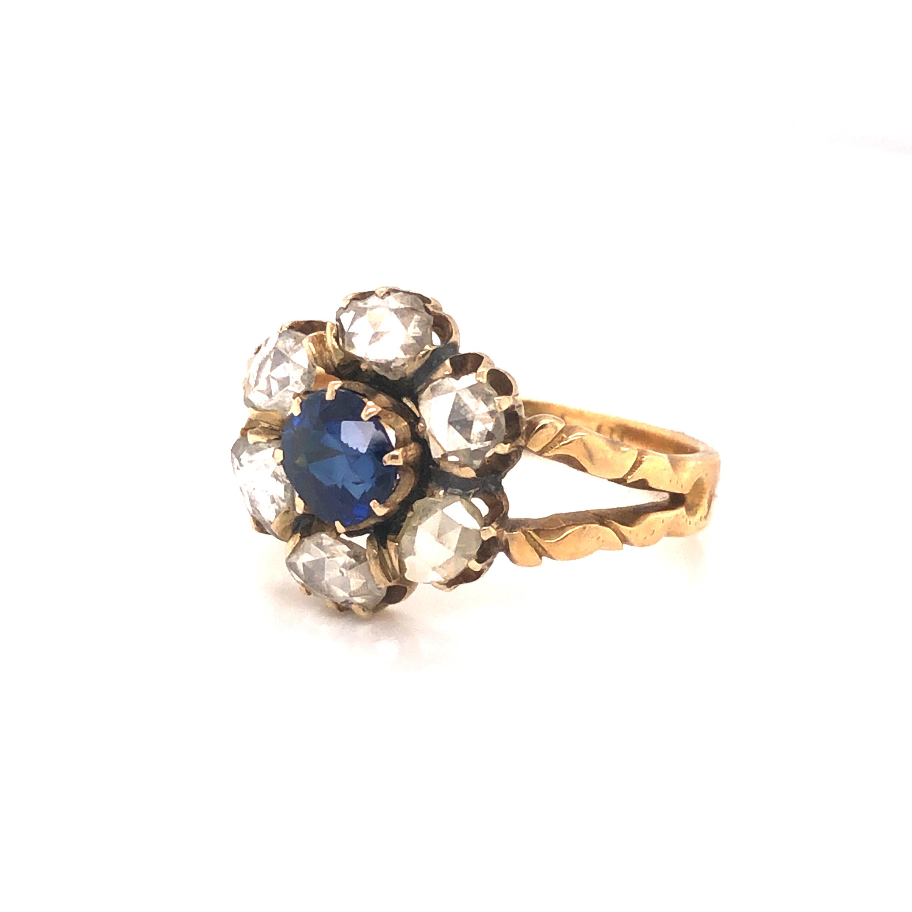 Old Mine Cut Art Nouveau Sapphire and Diamond Ring