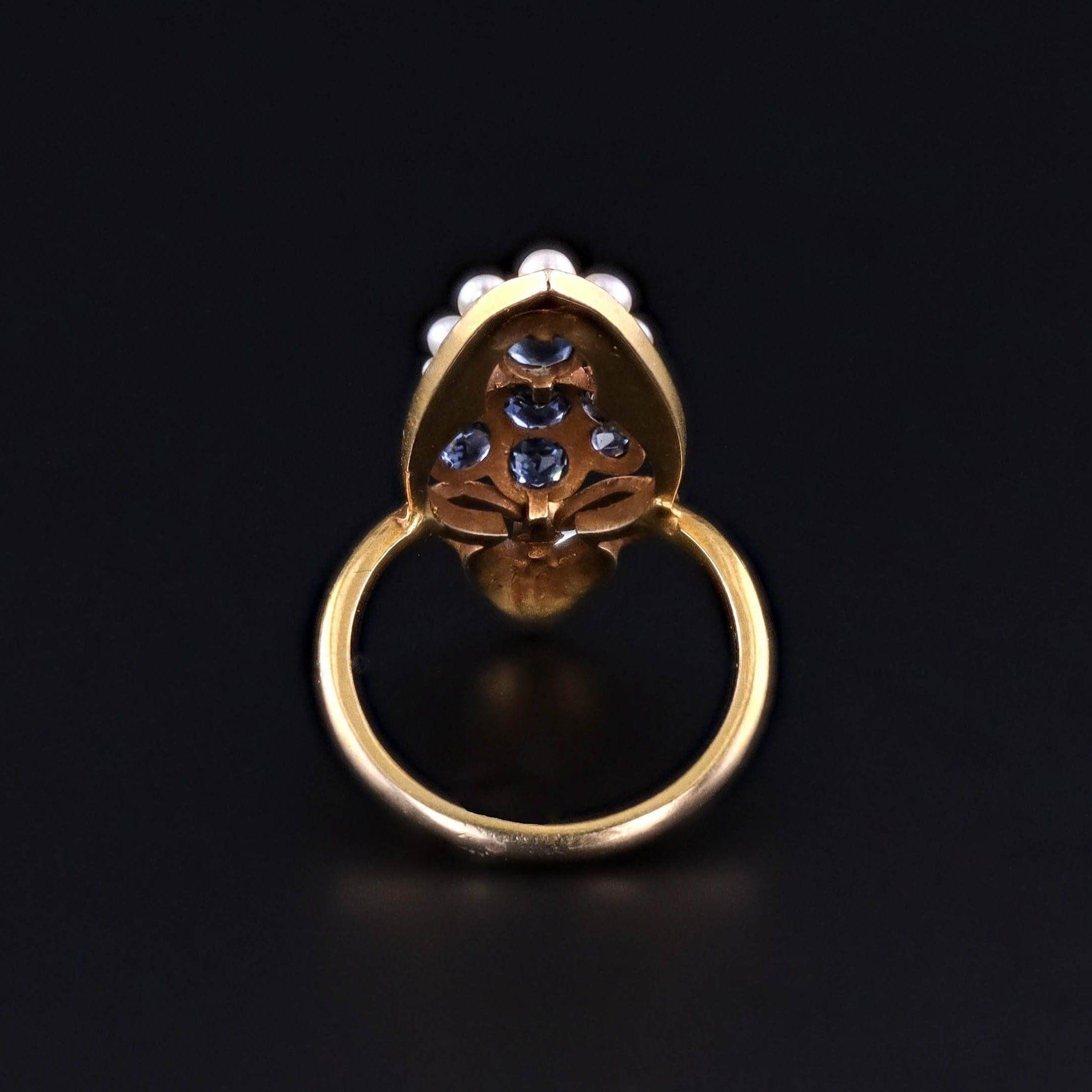 Art Nouveau Sapphire and Pearl Ring of 14k Gold In Good Condition For Sale In Lewisburg, PA