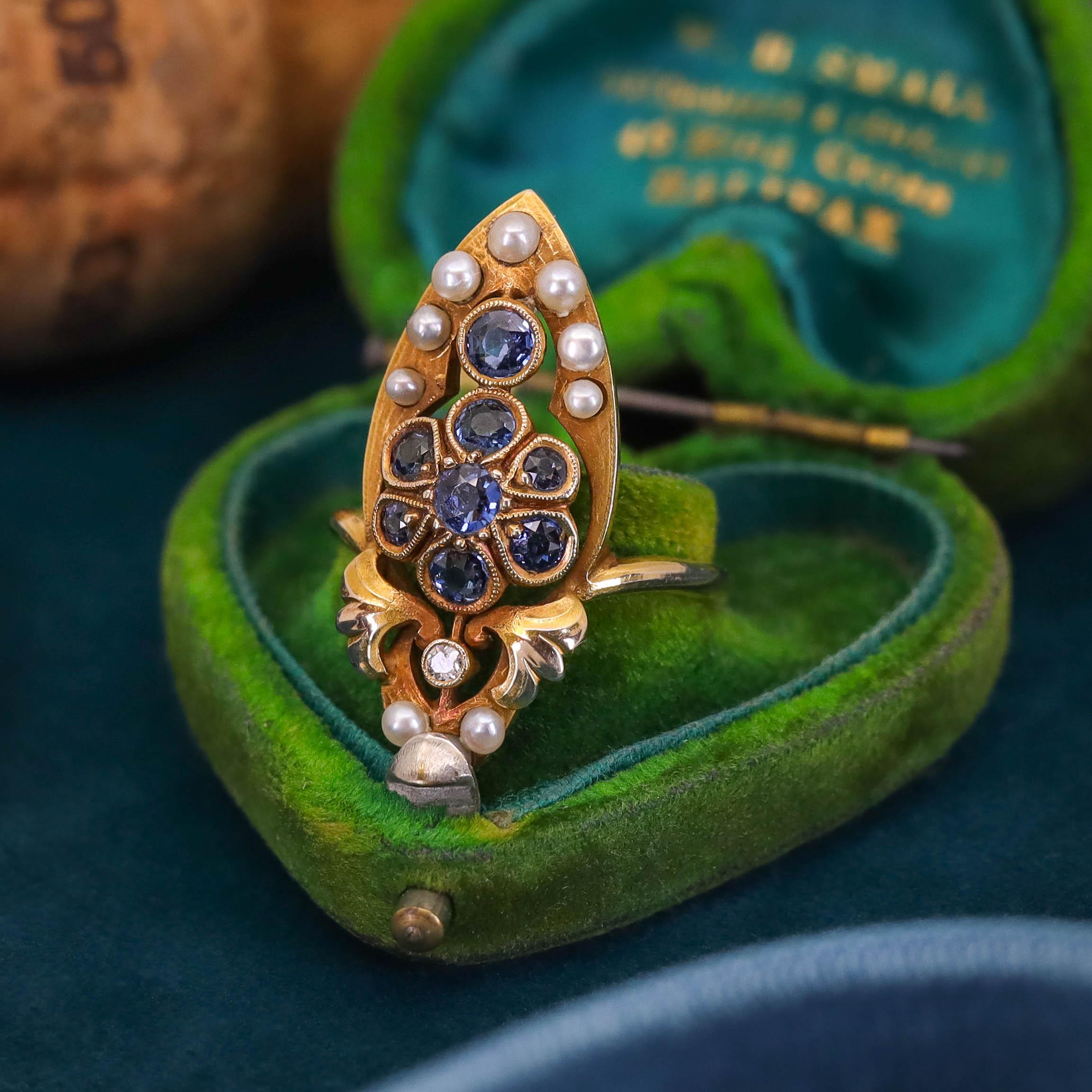 Bague Art nouveau en or 14 carats avec saphir et perle en vente 2