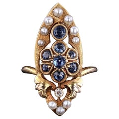 Antique Art Nouveau Sapphire and Pearl Ring of 14k Gold