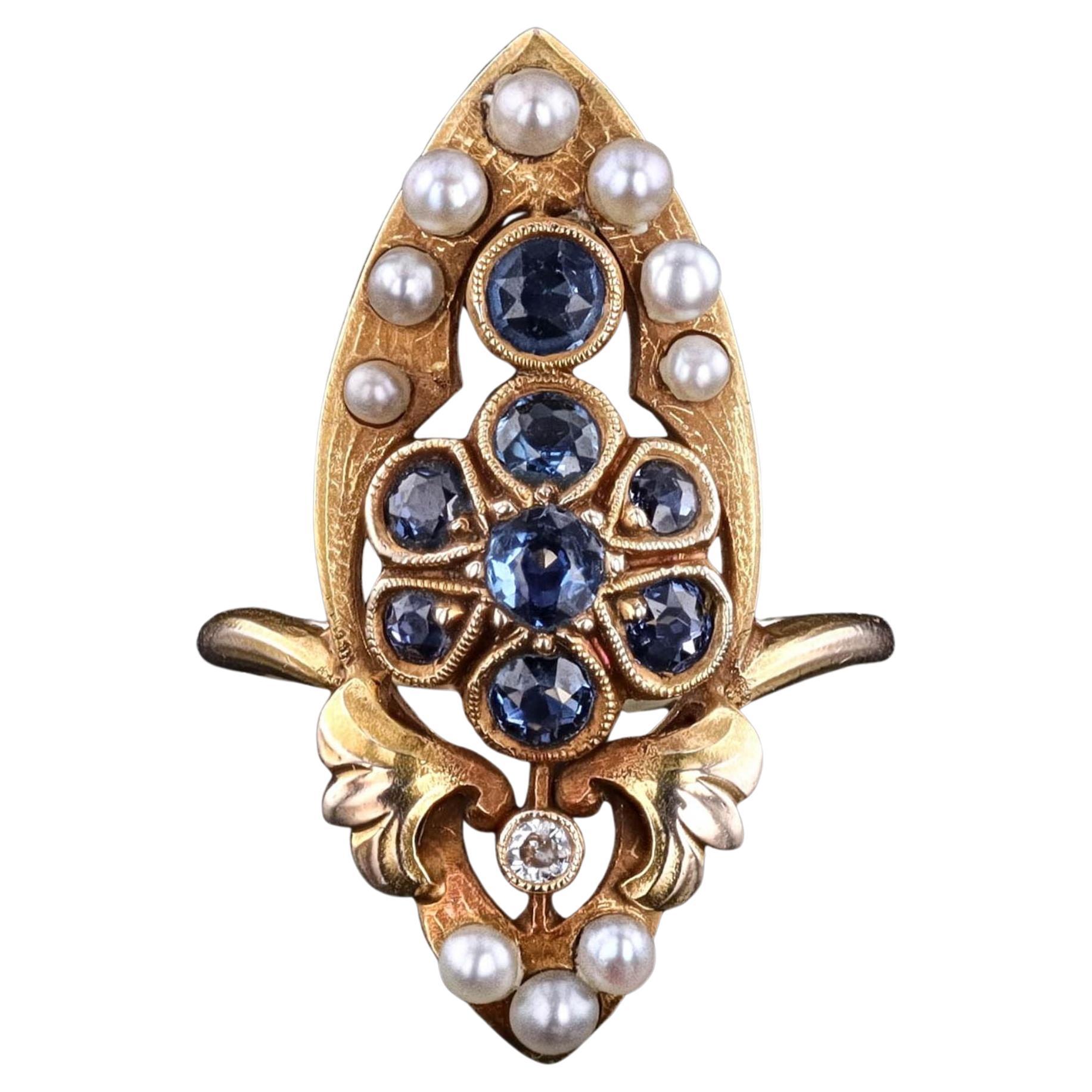 Anello Art Nouveau con zaffiro e perla in oro 14k