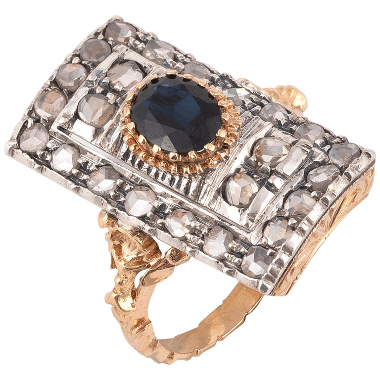 Art Nouveau Sapphire and Rose Diamond Cluster Ring For Sale