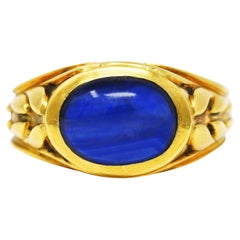 Art Nouveau Sapphire Cabochon 18 Karat Yellow Gold Men's Antique Wheat Band Ring