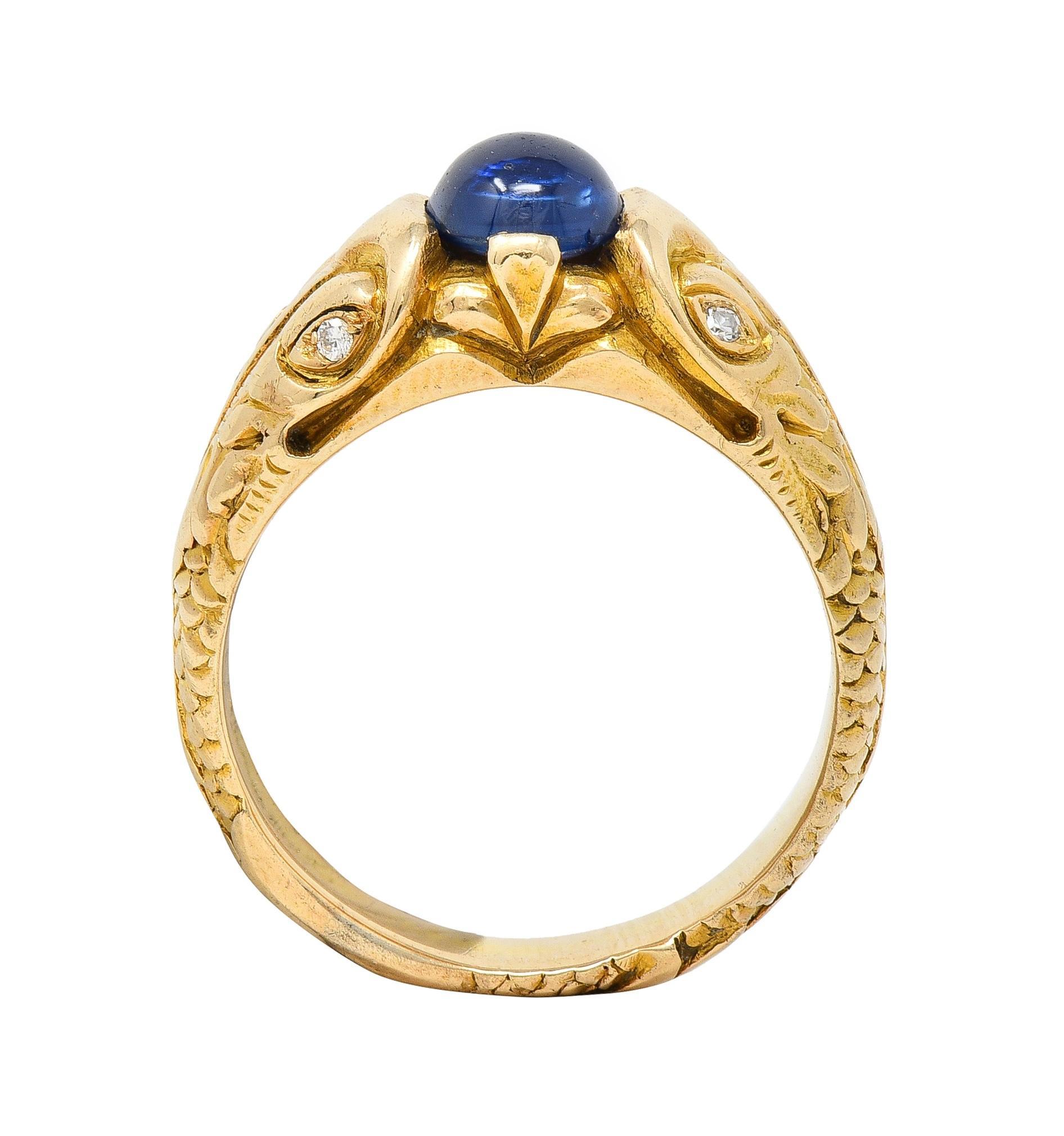 Art Nouveau Sapphire Cabochon Diamond 14 Karat Gold Koi Fish Unisex Antique Ring 5