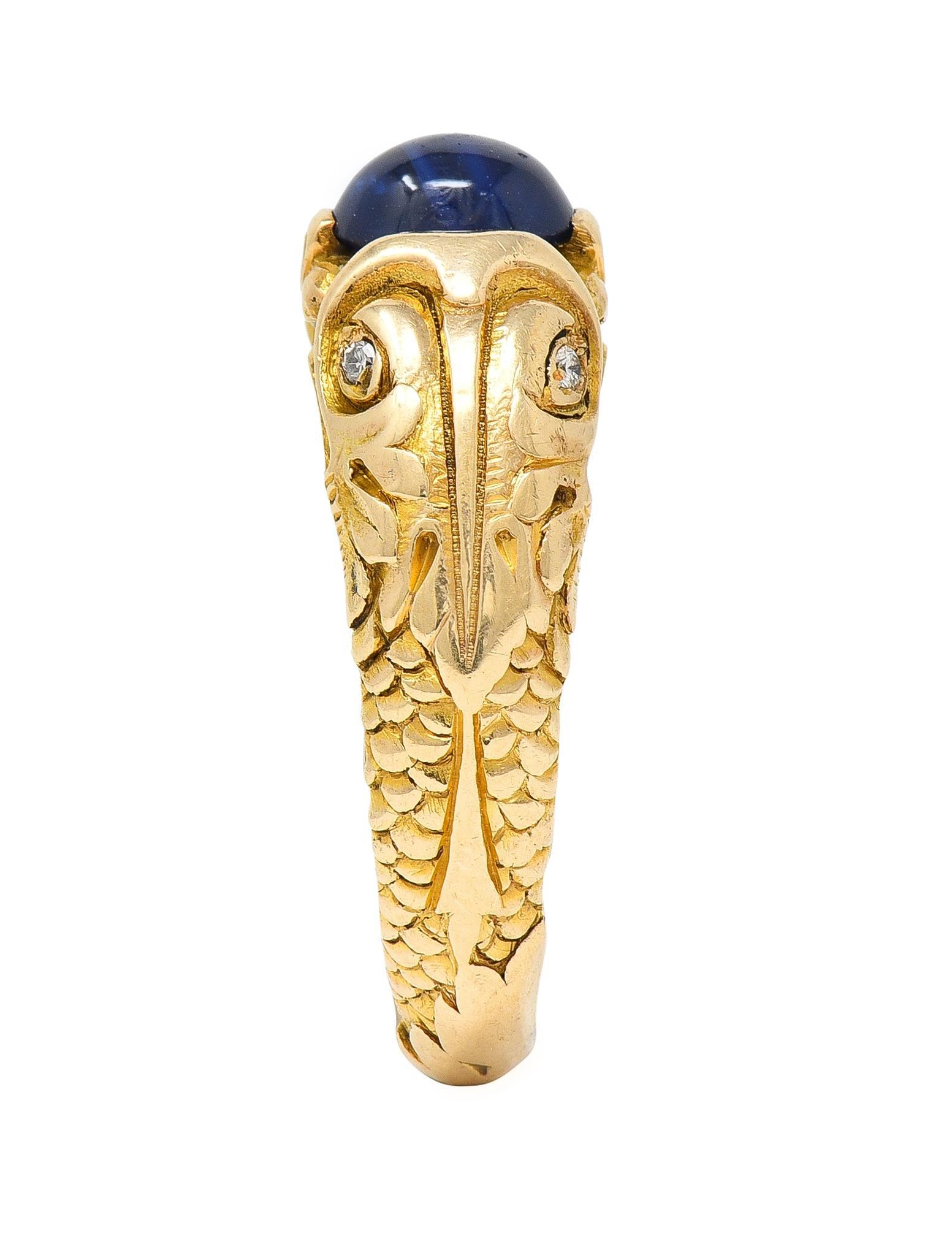 Art Nouveau Sapphire Cabochon Diamond 14 Karat Gold Koi Fish Unisex Antique Ring 6
