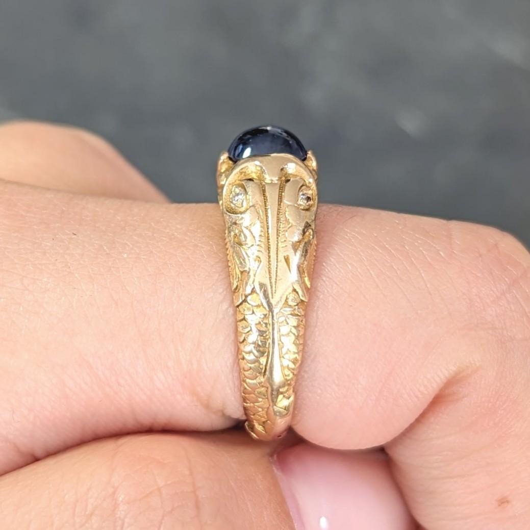 Art Nouveau Sapphire Cabochon Diamond 14 Karat Gold Koi Fish Unisex Antique Ring 9