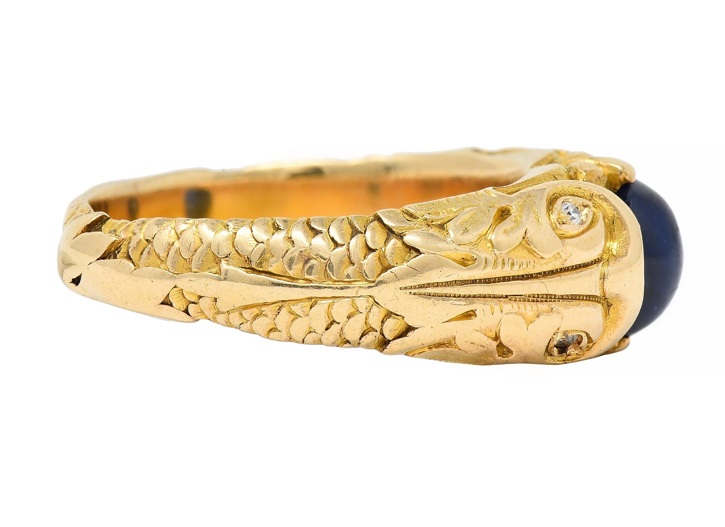 Round Cut Art Nouveau Sapphire Cabochon Diamond 14 Karat Gold Koi Fish Unisex Antique Ring