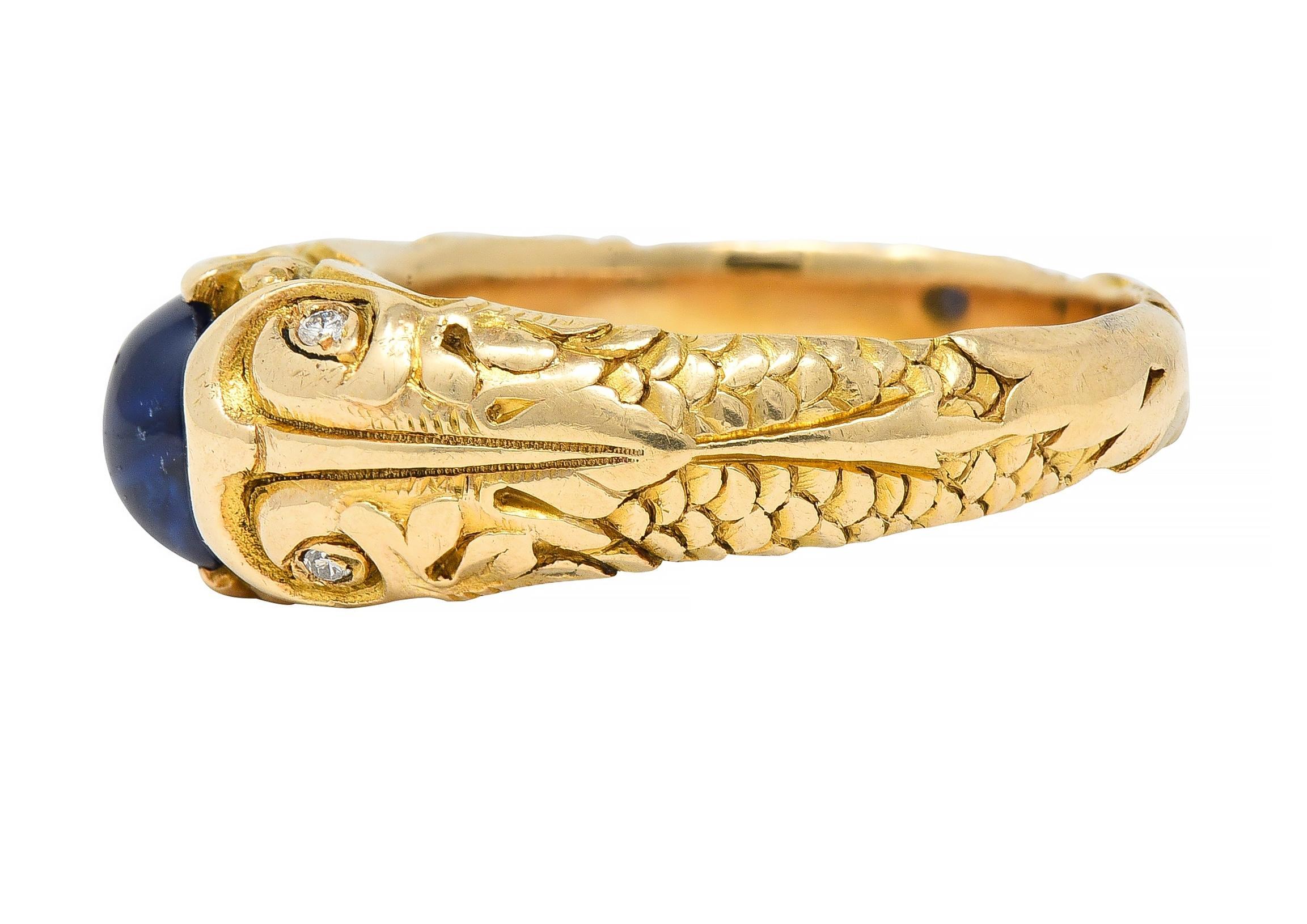 Art Nouveau Sapphire Cabochon Diamond 14 Karat Gold Koi Fish Unisex Antique Ring 1