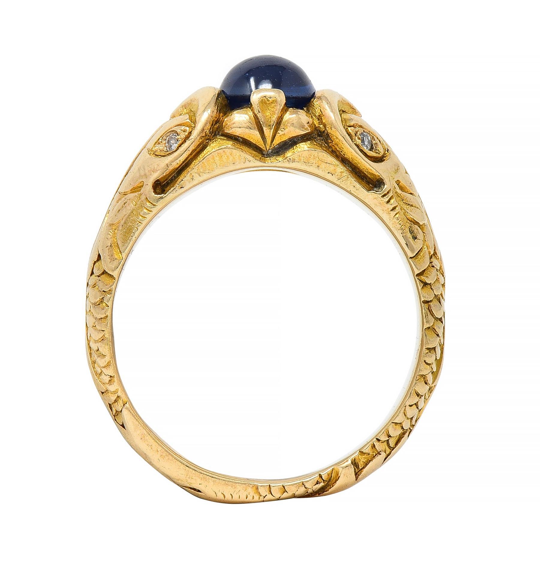 Art Nouveau Sapphire Cabochon Diamond 14 Karat Gold Koi Fish Unisex Antique Ring 3