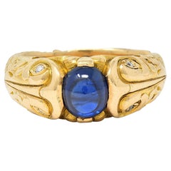 Art Nouveau Sapphire Cabochon Diamond 14 Karat Gold Koi Fish Unisex Antique Ring