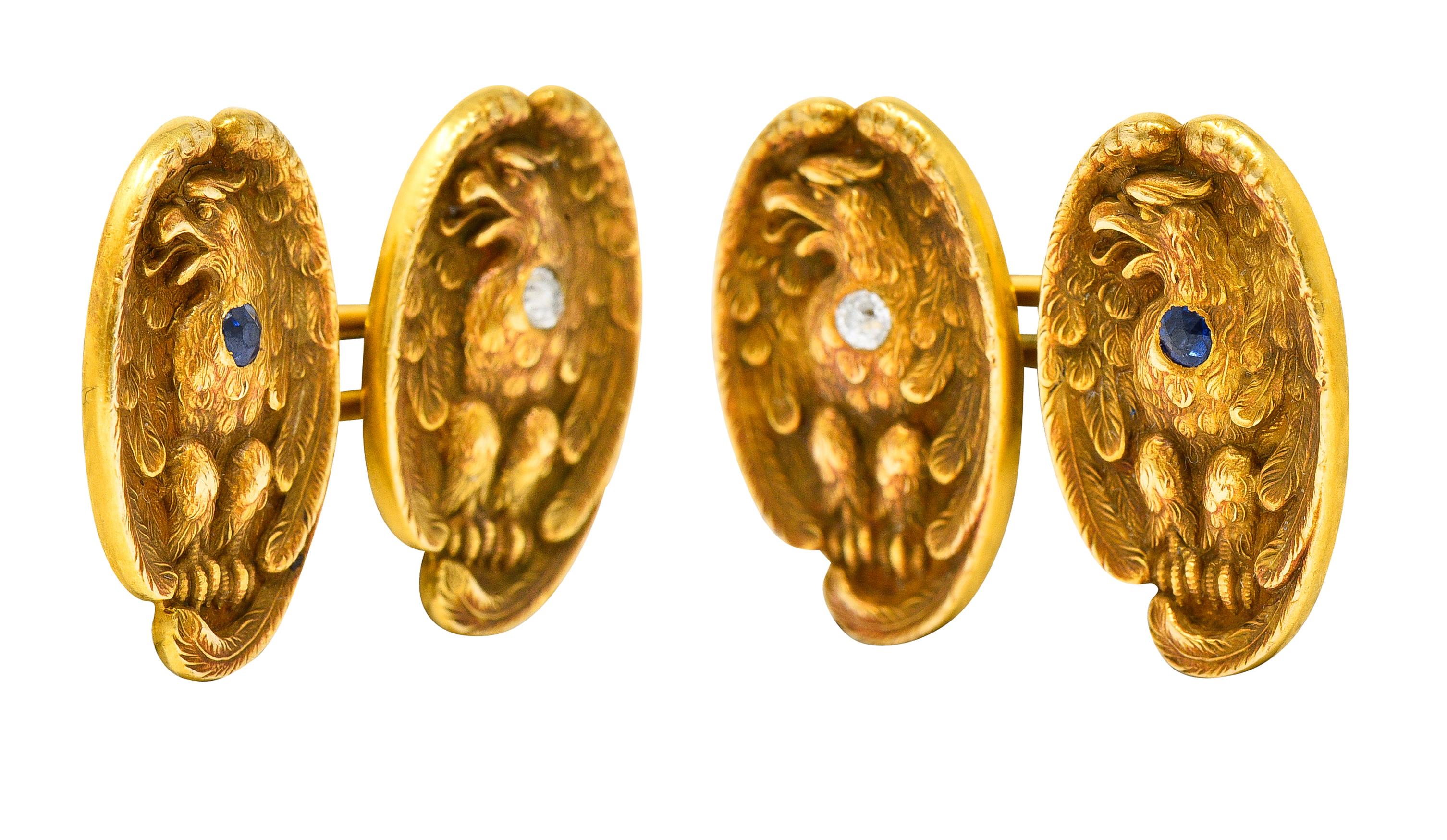 Women's or Men's Art Nouveau Sapphire Diamond 14 Karat Yellow Gold Eagle Men's Cufflinks For Sale