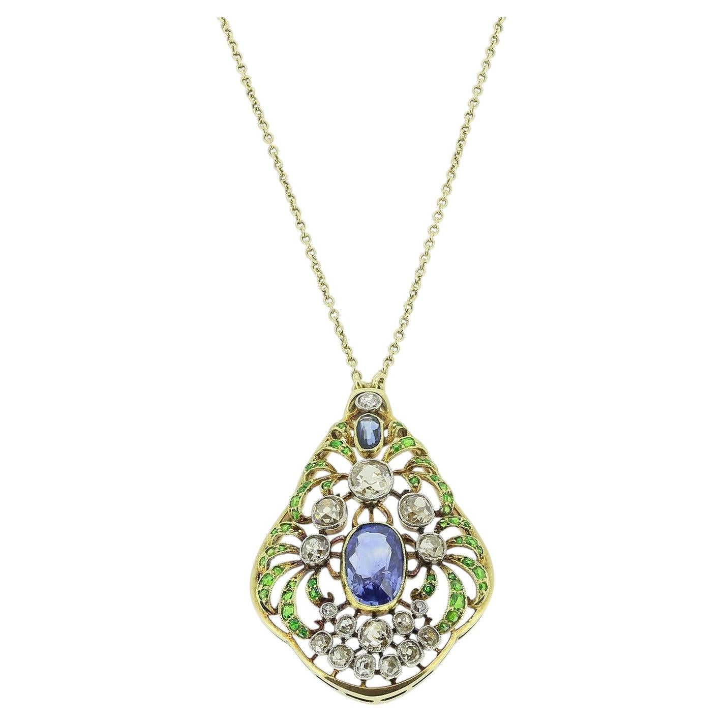 Collar Colgante Art Nouveau Zafiro Diamante y Granate Demantoide
