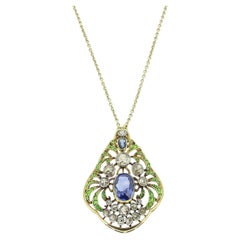 Art Nouveau Sapphire Diamond and Demantoid Garnet Pendant Necklace