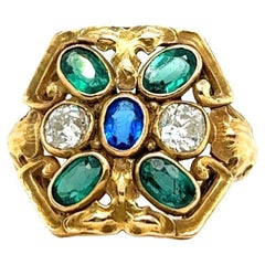 Antique Art Nouveau Sapphire Diamond Emerald 14K Yellow Gold Dinner Ring