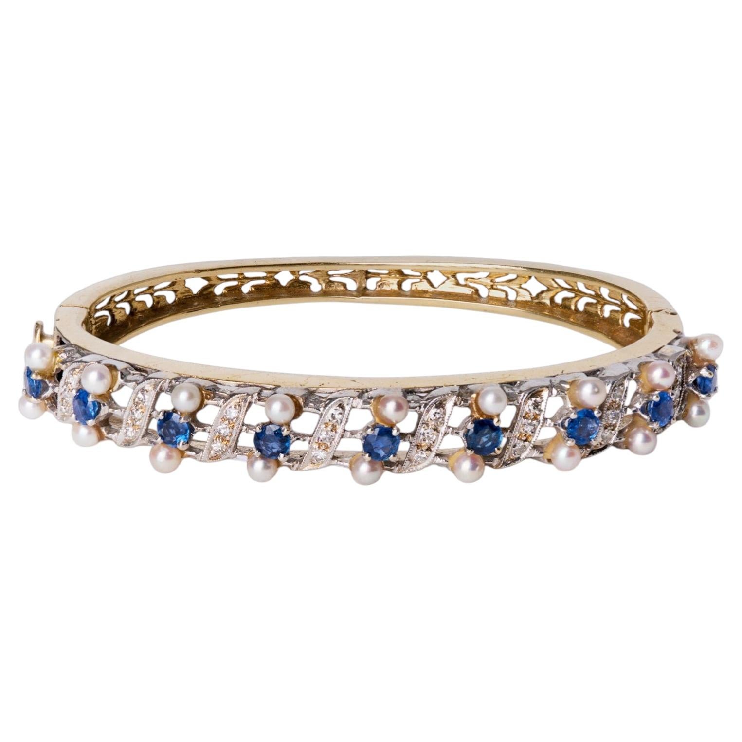 Art Nouveau Sapphire Diamond & Natural Pearl Gold Bangle Bracelet