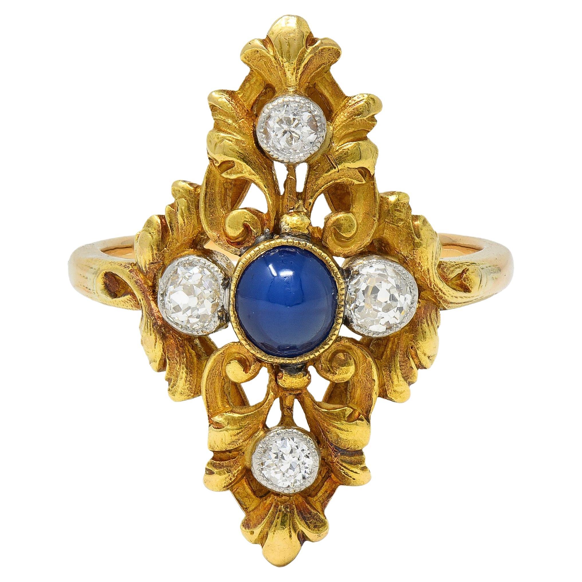 Art Nouveau Sapphire Diamond Platinum 18 Karat Yellow Gold Antique Foliate Ring
