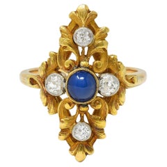 Art Nouveau Sapphire Diamond Platinum 18 Karat Yellow Gold Antique Foliate Ring