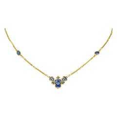 Art Nouveau Sapphire Enamel 14 Karat Gold Station Necklace