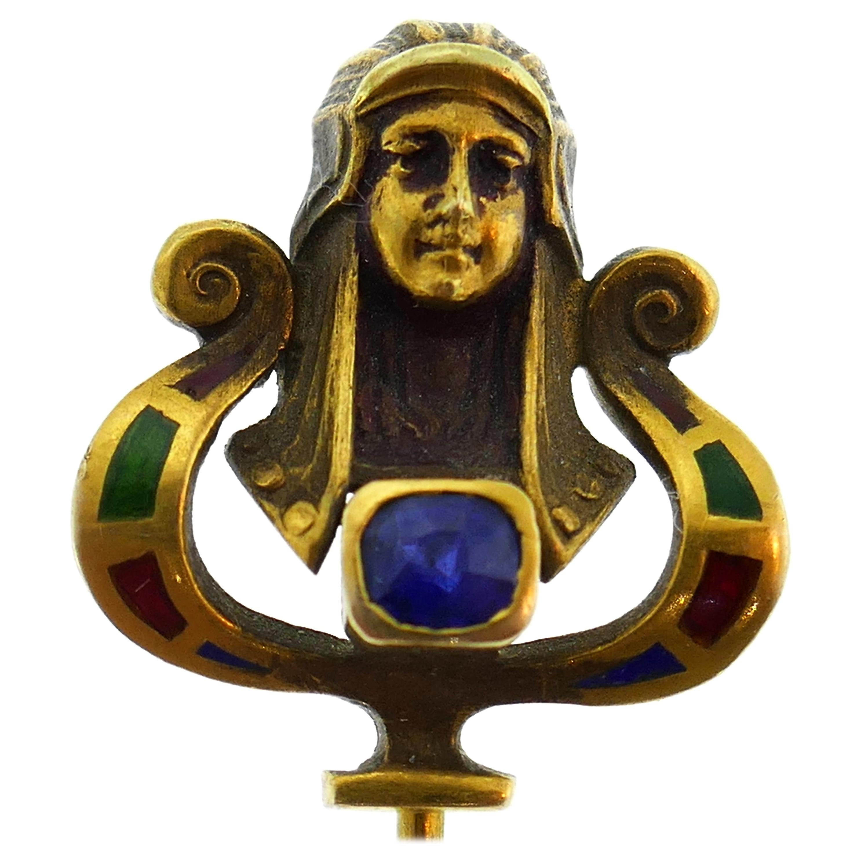 Art Nouveau Sapphire Enamel Gold Hat Stick Pin, 1930s Egyptian Revival Stickpin