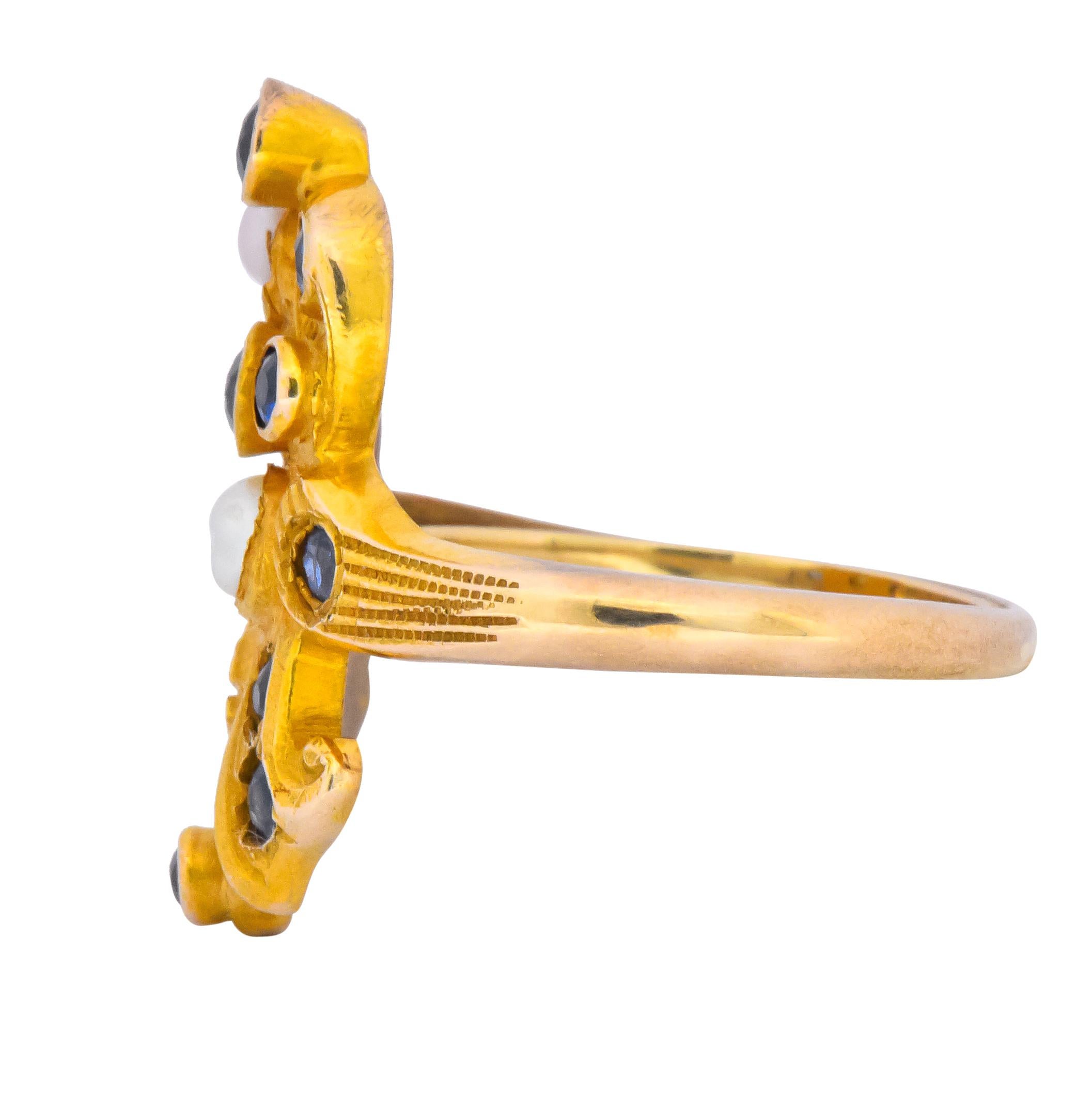 Women's or Men's Art Nouveau Sapphire Pearl 14 Karat Gold Flower Dinner Ring