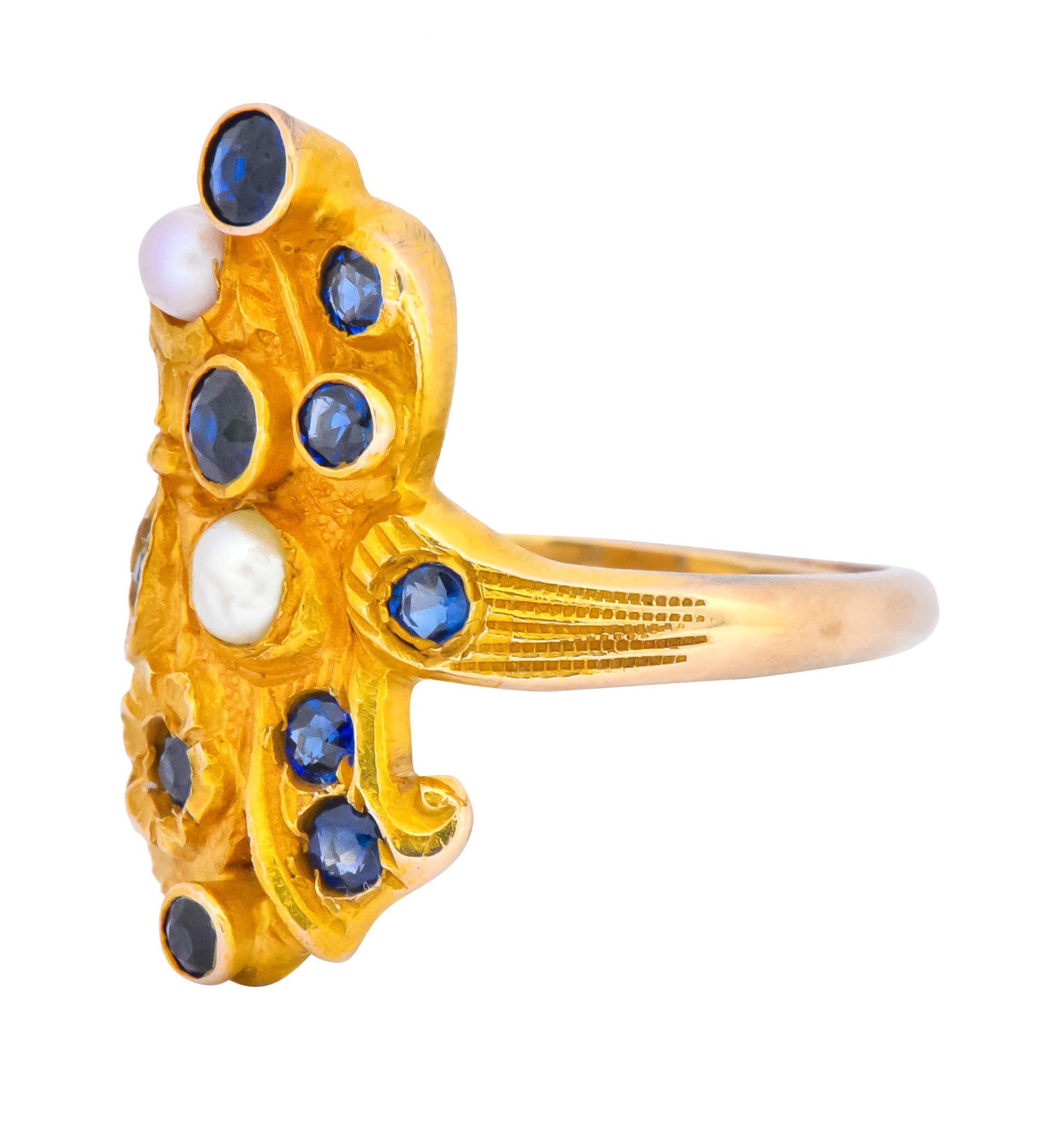 Art Nouveau Sapphire Pearl 14 Karat Gold Flower Dinner Ring 1