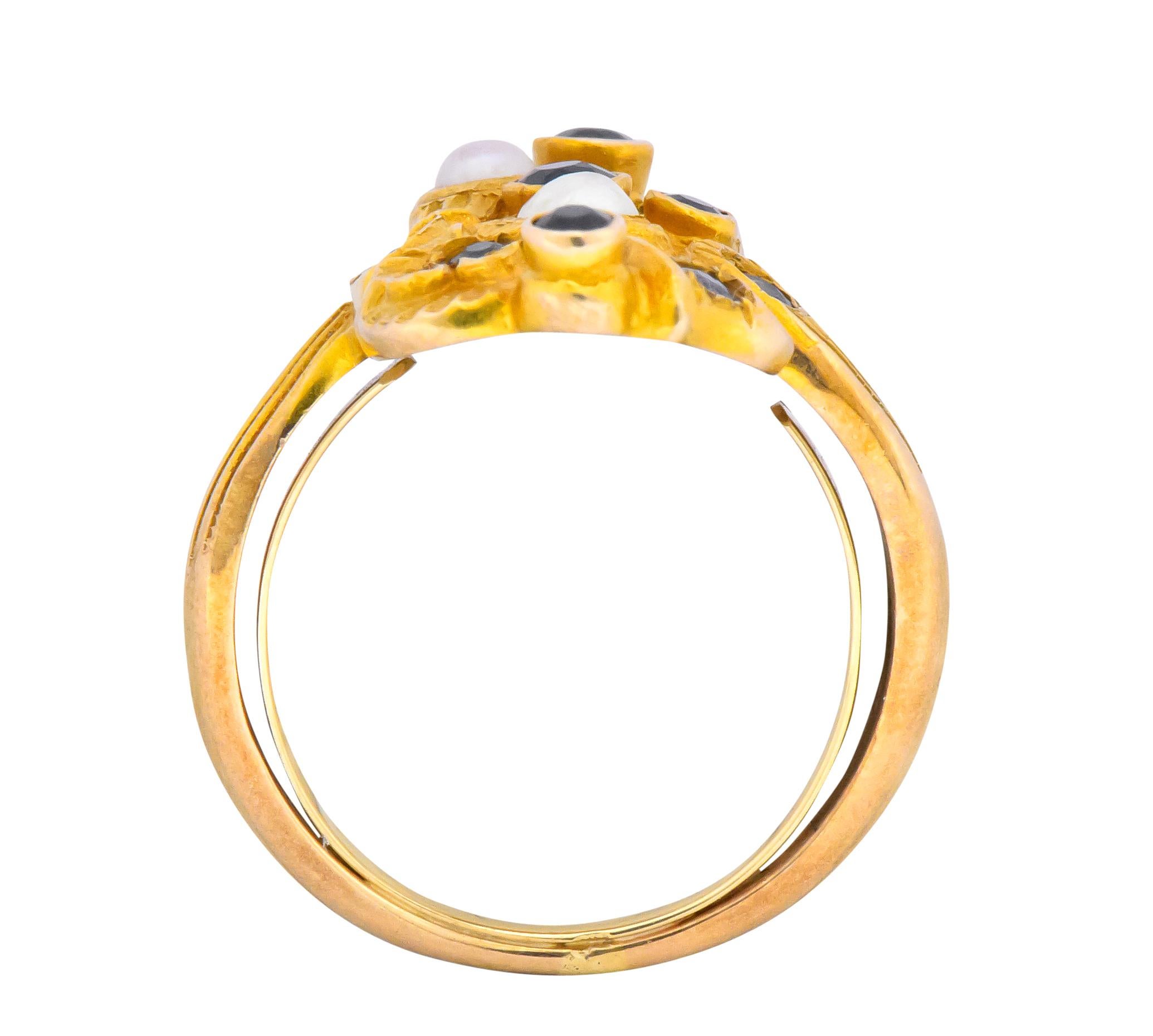 Art Nouveau Sapphire Pearl 14 Karat Gold Flower Dinner Ring 3