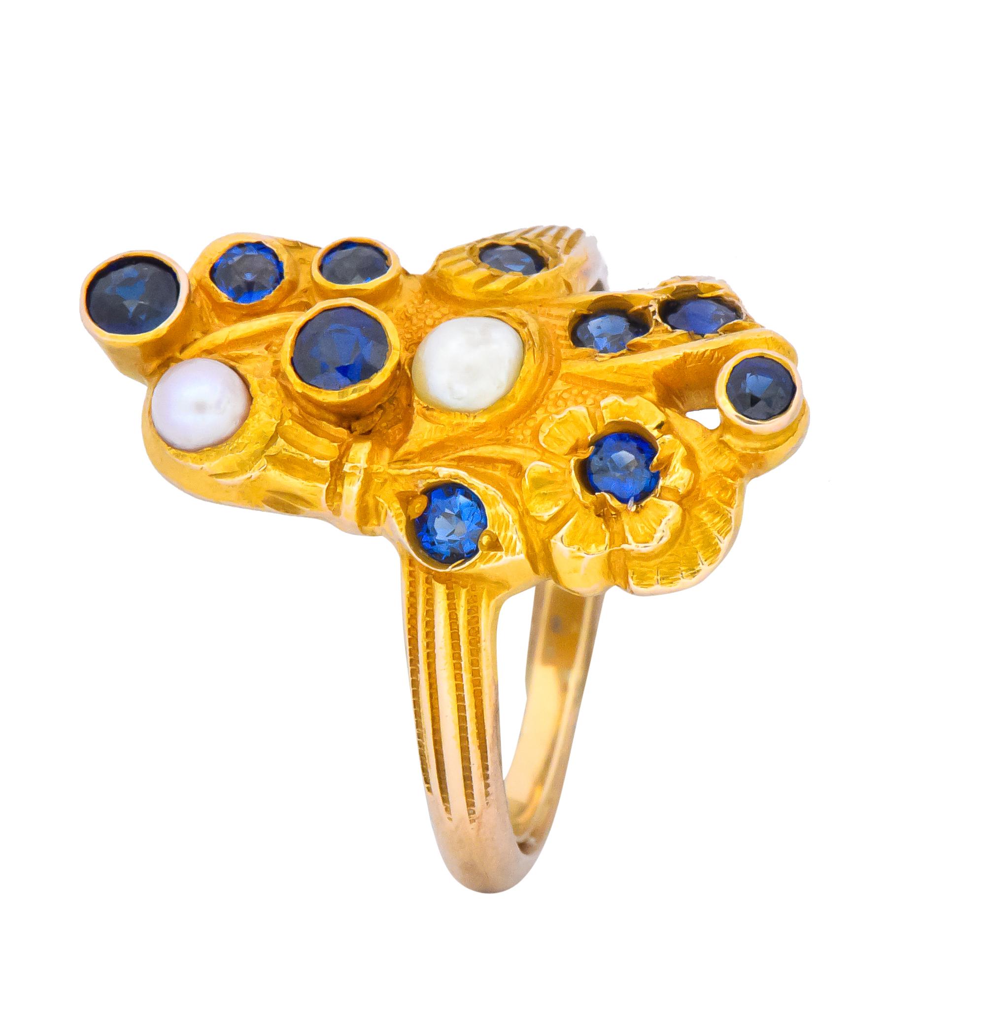 Art Nouveau Sapphire Pearl 14 Karat Gold Flower Dinner Ring 4