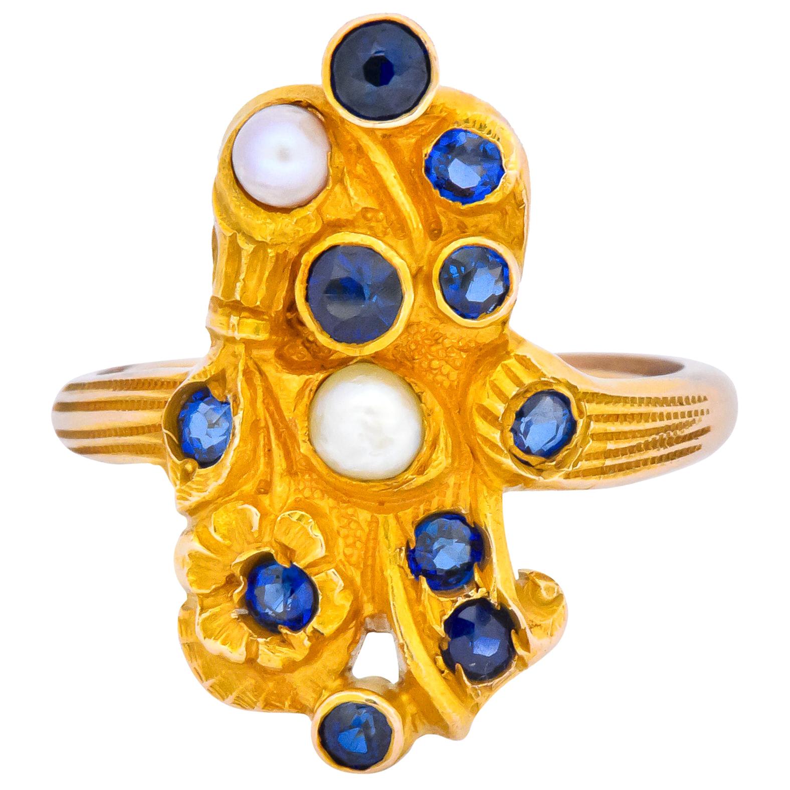 Art Nouveau Sapphire Pearl 14 Karat Gold Flower Dinner Ring