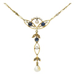 Art Nouveau Sapphire Pearl 14 Karat Gold Ornate Station Necklace