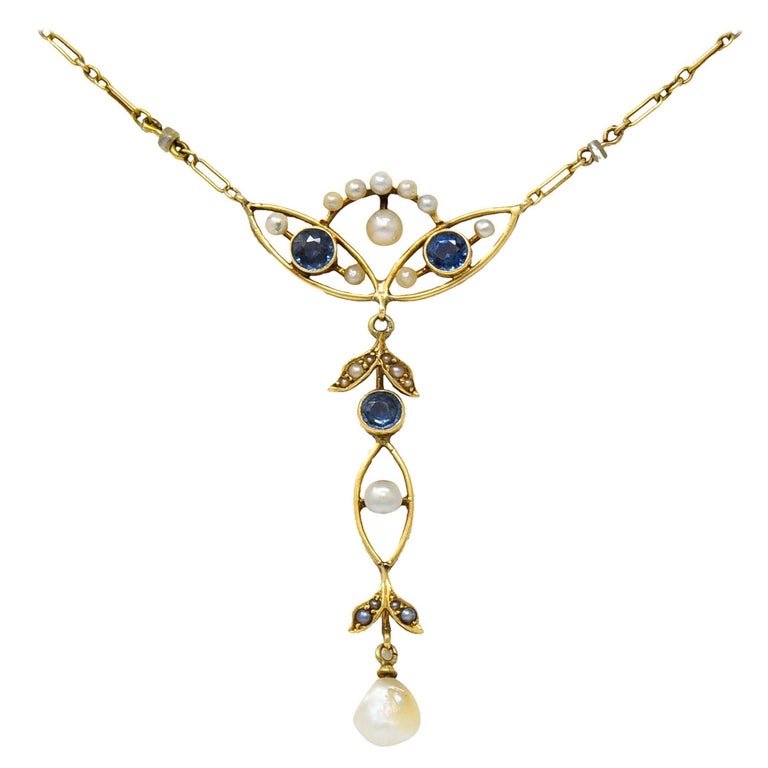 Art Nouveau Sapphire Pearl 14 Karat Gold Ornate Station Necklace at 1stDibs