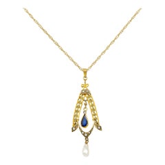 Art Nouveau Sapphire Pearl 14 Karat Two-Tone Gold Laurel Pendant Necklace