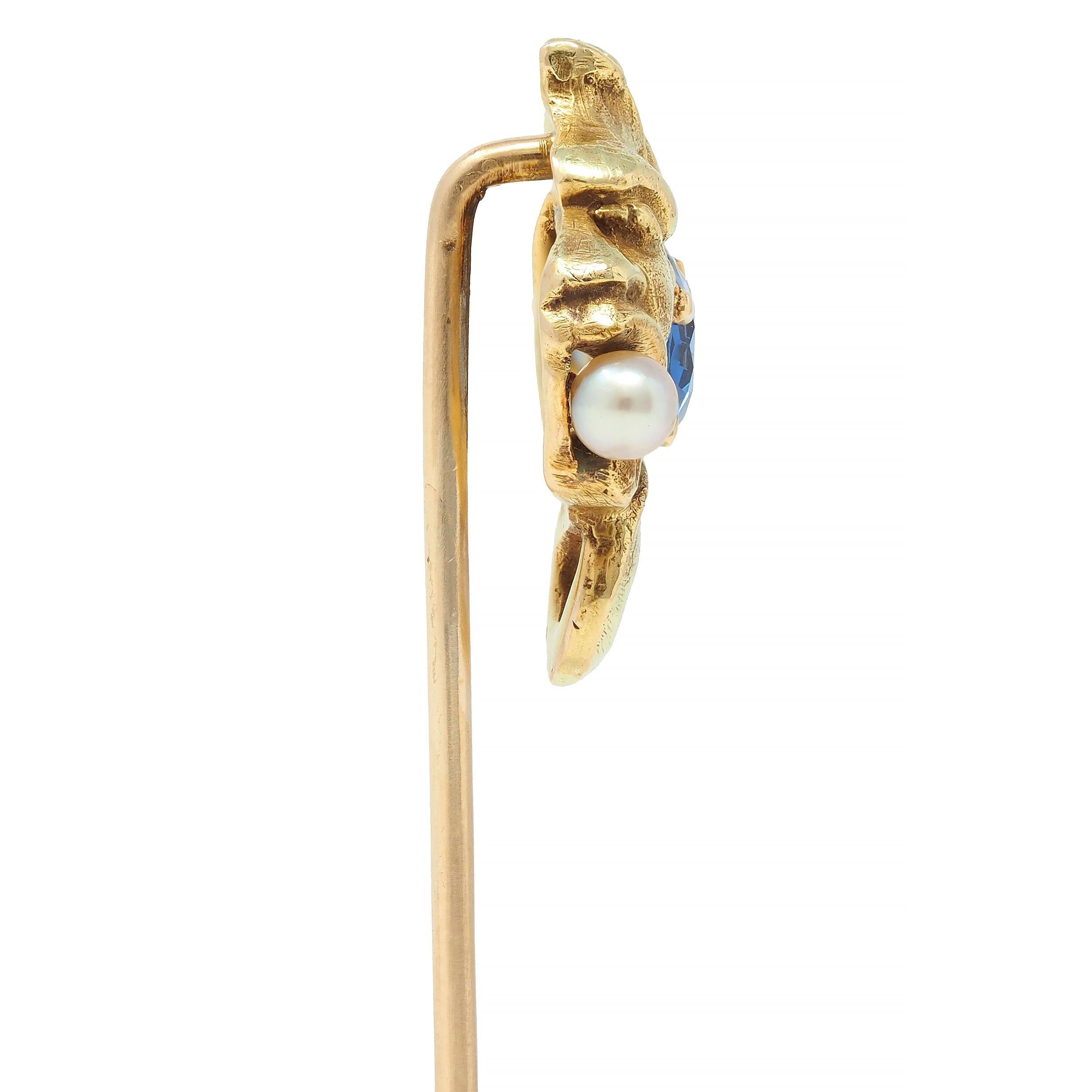 Round Cut Art Nouveau Sapphire Pearl 14 Karat Yellow Gold Gargoyle Antique Stickpin For Sale