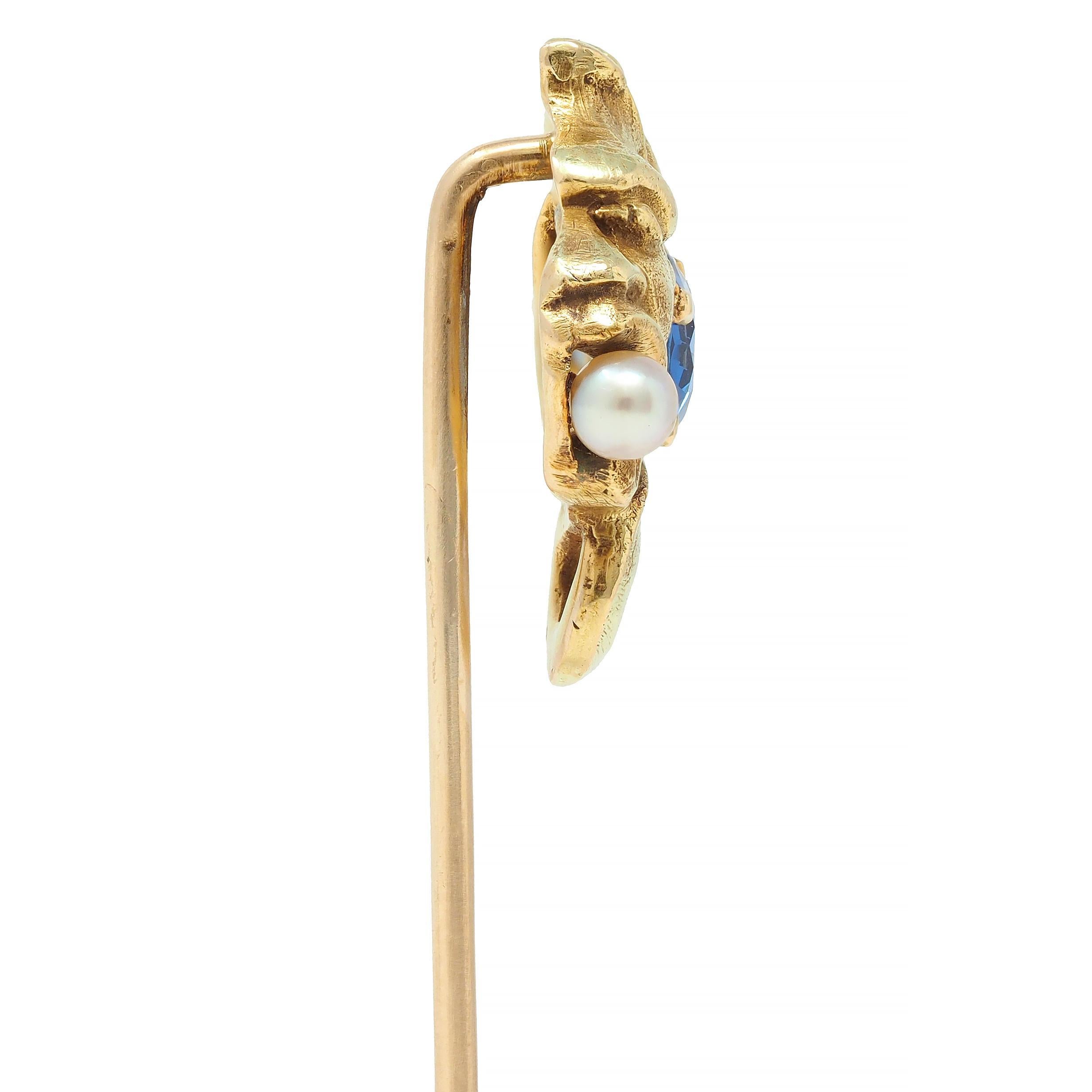 Taglio rotondo Art Nouveau Perla di zaffiro in oro giallo 14 carati Gargoyle Antico in vendita