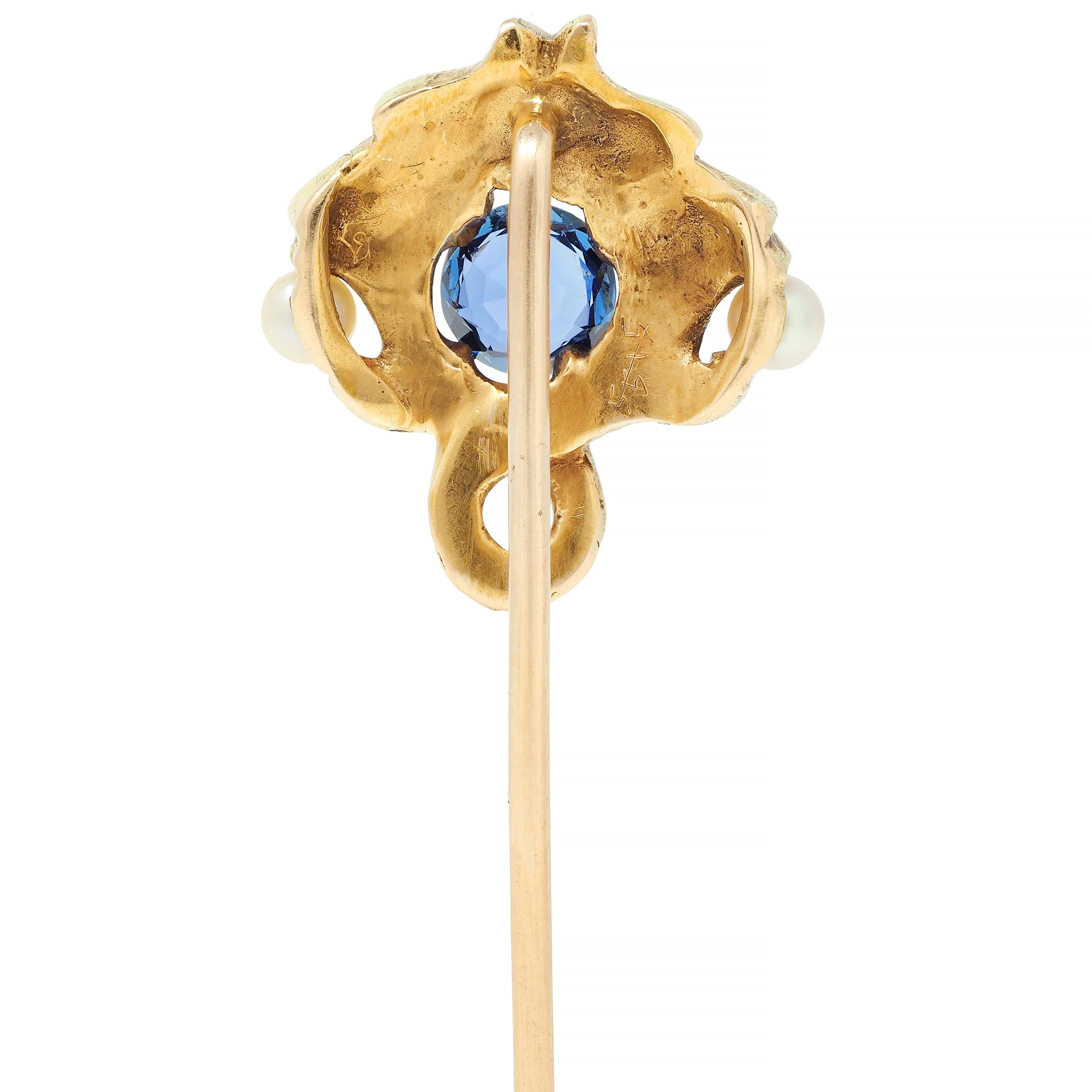 Art Nouveau Sapphire Pearl 14 Karat Yellow Gold Gargoyle Antique Stickpin In Excellent Condition For Sale In Philadelphia, PA