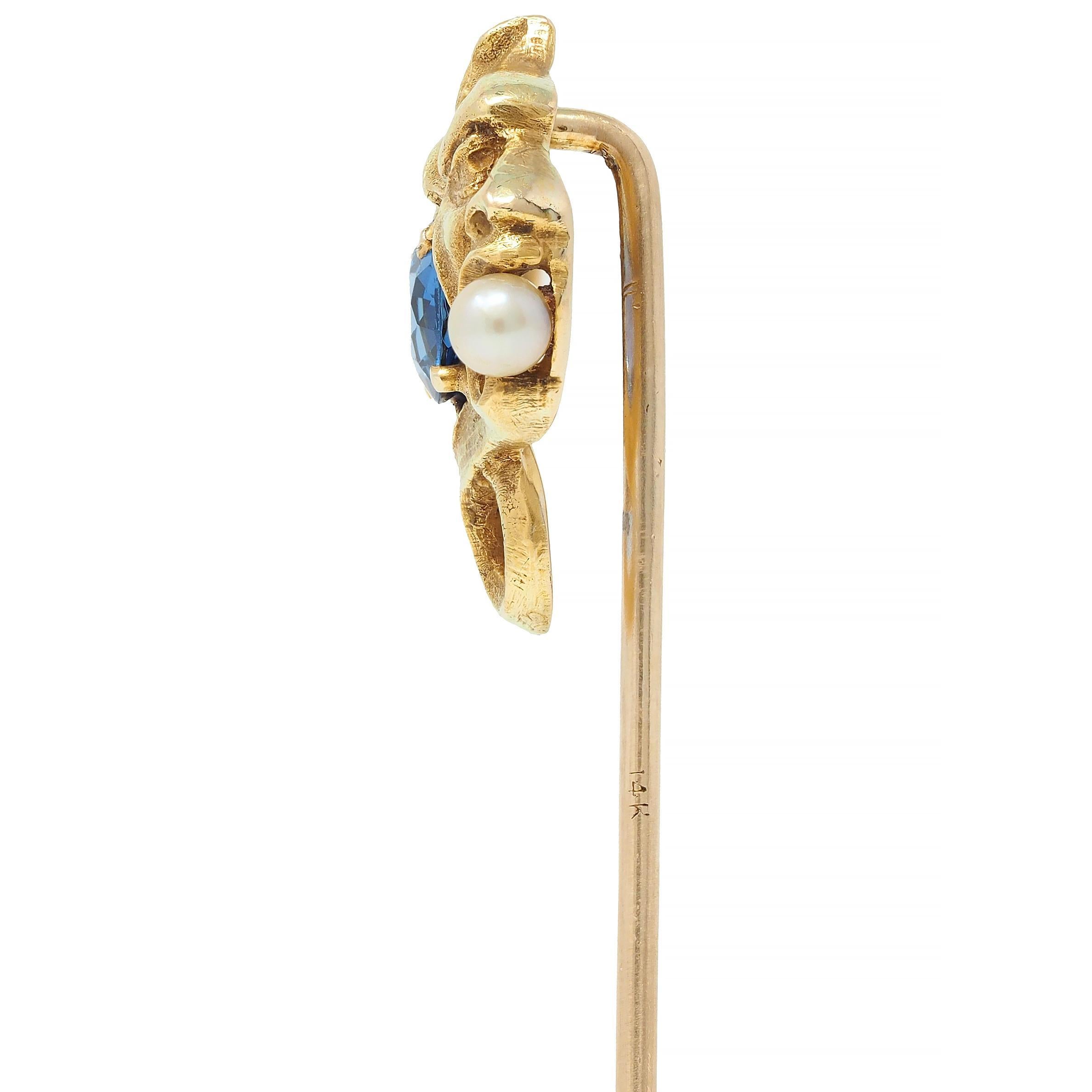 Women's or Men's Art Nouveau Sapphire Pearl 14 Karat Yellow Gold Gargoyle Antique Stickpin For Sale