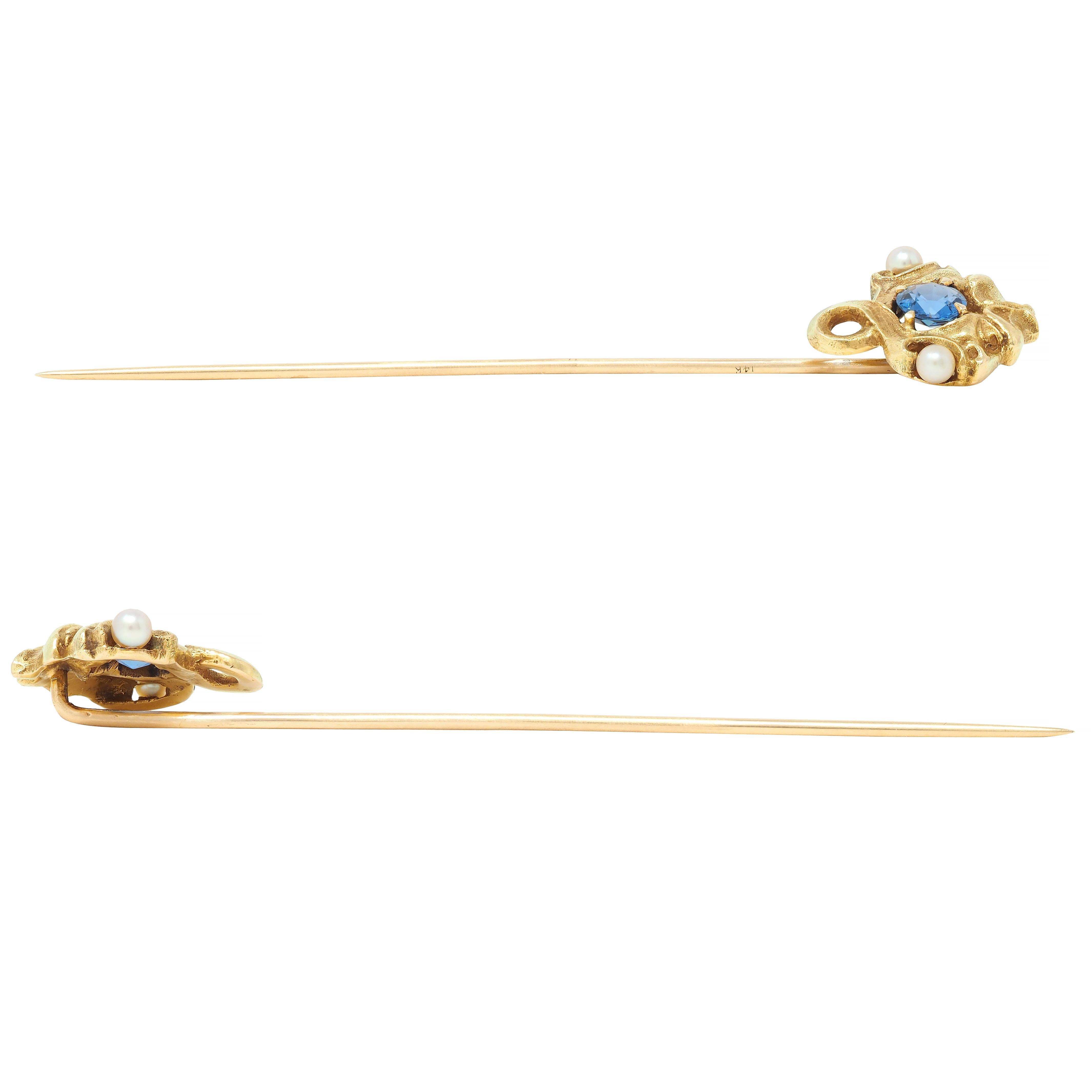 Art Nouveau Sapphire Pearl 14 Karat Yellow Gold Gargoyle Antique Stickpin For Sale 1