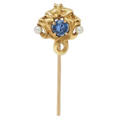 Art Nouveau Sapphire Pearl 14 Karat Yellow Gold Gargoyle Antique Stickpin