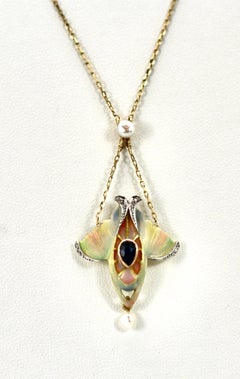 Art Nouveau 14K Gold Sapphire Pearl Enamel Pendant, England Circa 1910