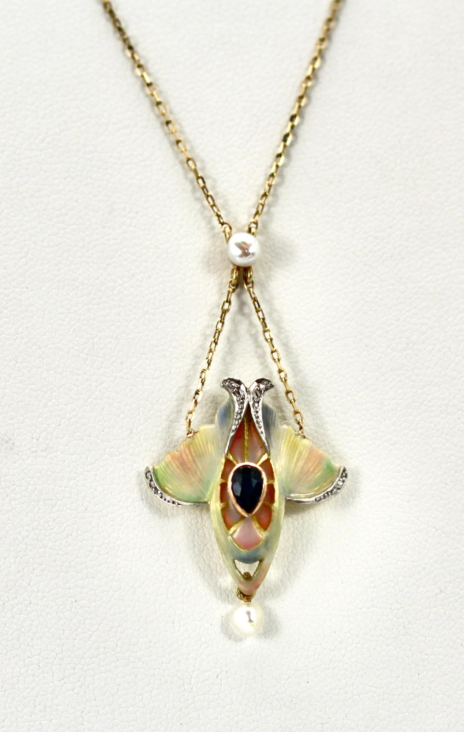 Ciondolo Art Nouveau con zaffiro, perla e smalto 14K In condizioni buone in vendita a North Hollywood, CA