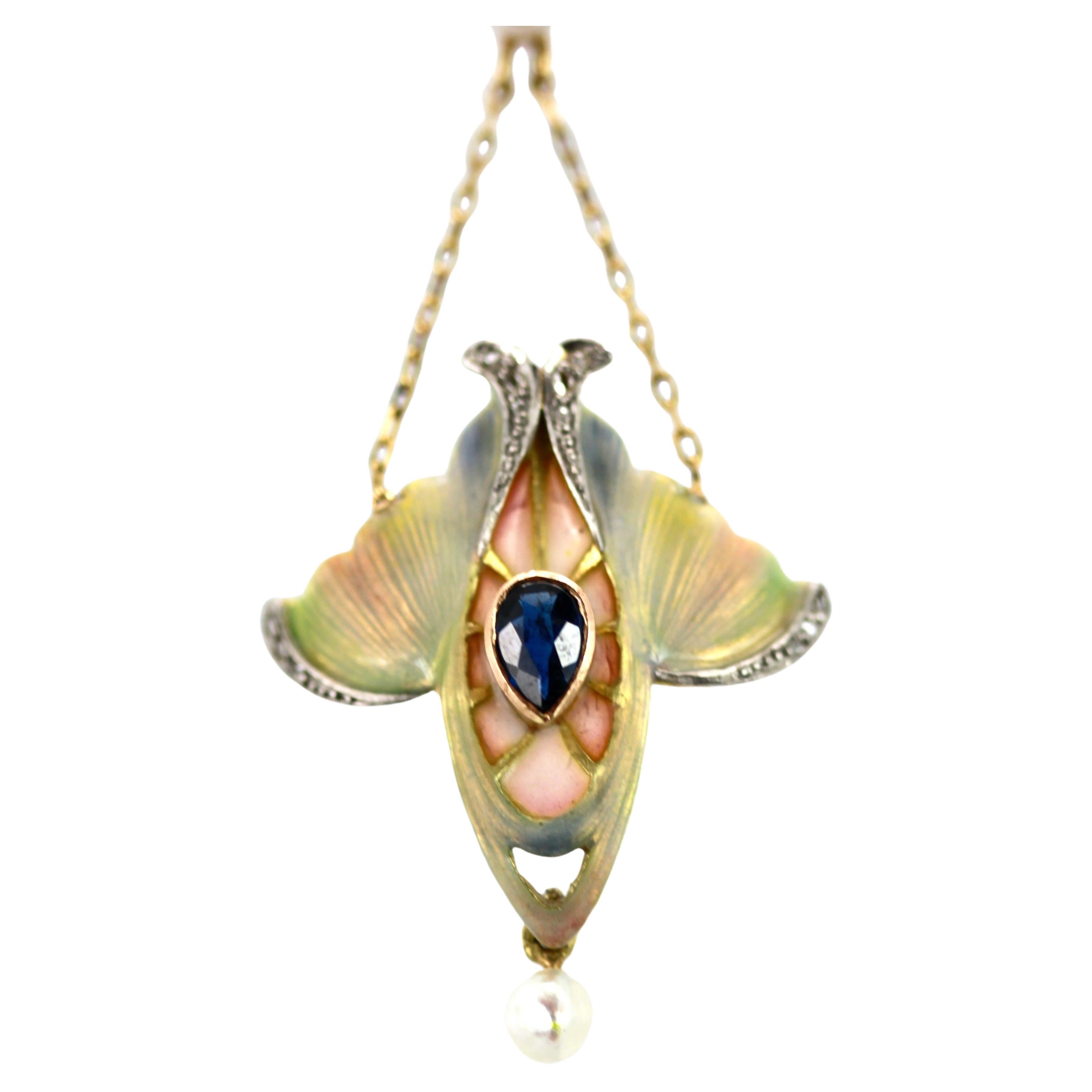 Art Nouveau Sapphire, Pearl, Enamel Pendant 14K