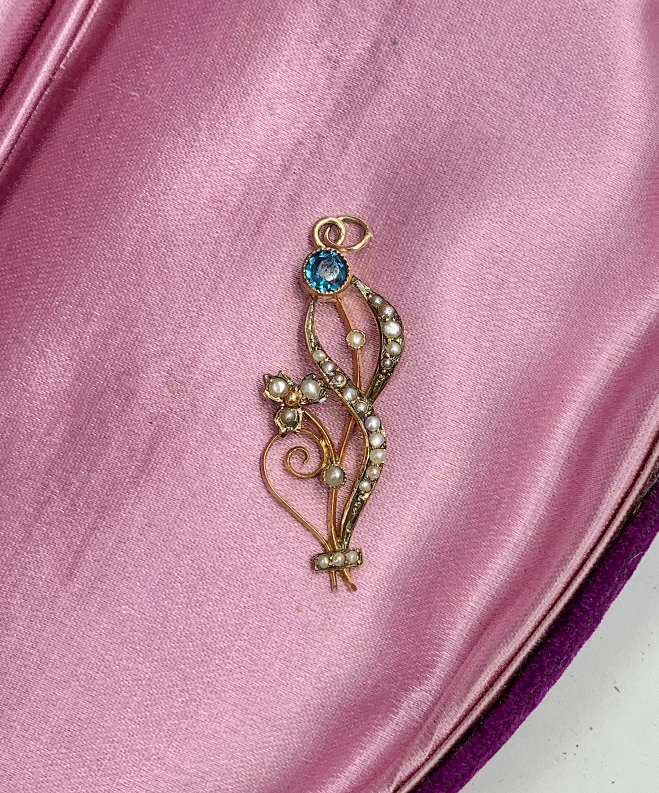 Round Cut Art Nouveau Sapphire Pearl Flower Pendant Necklace Gold Antique Victorian