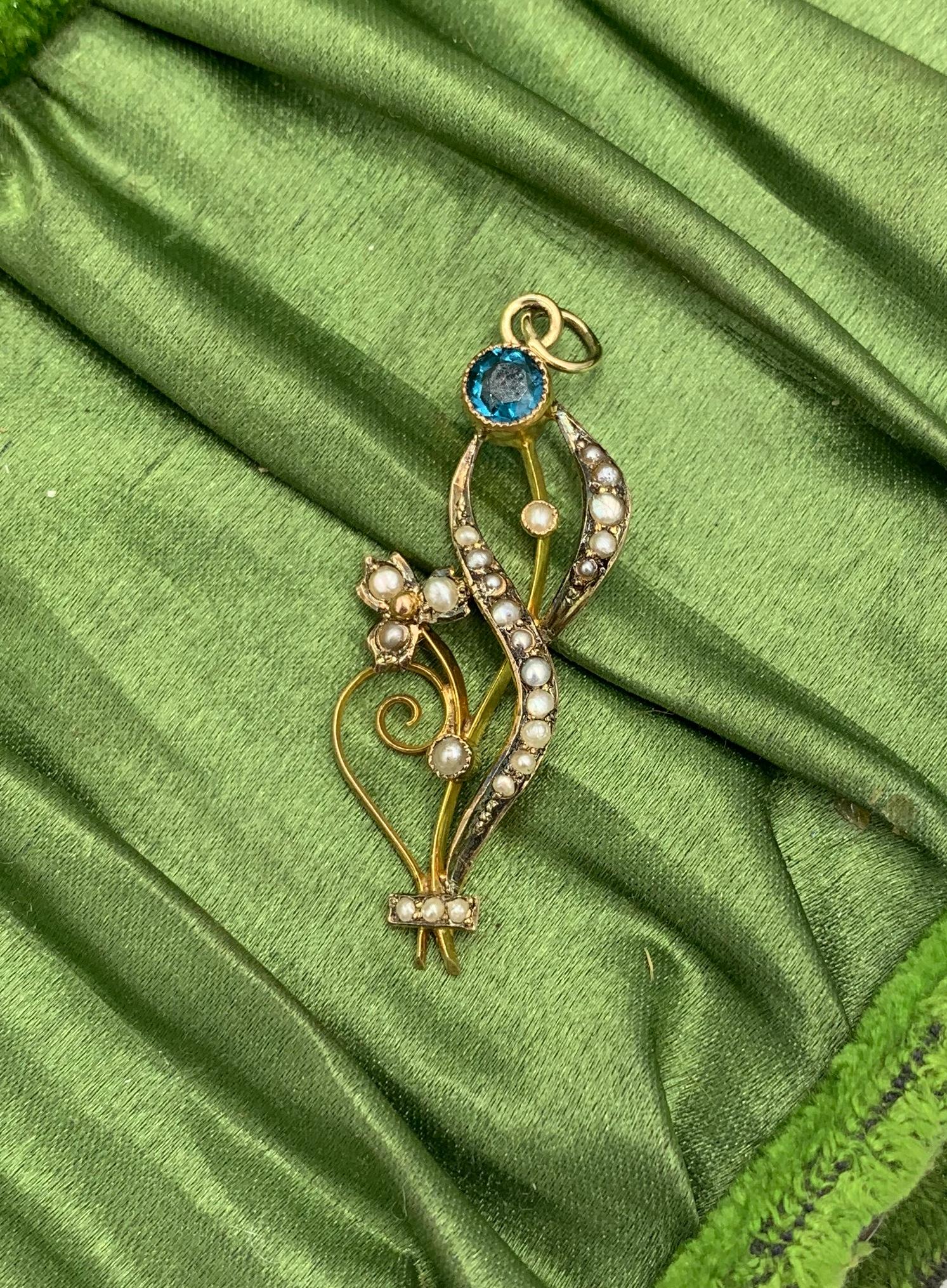 Art Nouveau Sapphire Pearl Flower Pendant Necklace Gold Antique Victorian 1