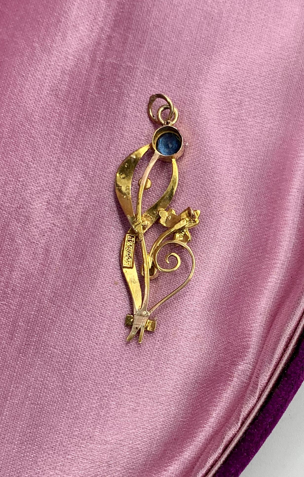 Art Nouveau Sapphire Pearl Flower Pendant Necklace Gold Antique Victorian 2