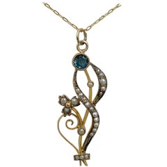 Art Nouveau Sapphire Pearl Flower Pendant Necklace Gold Antique Victorian