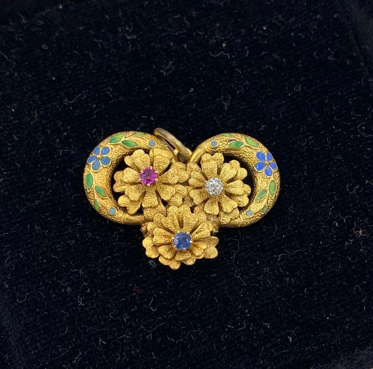 Art Nouveau Zafiro Rubí Diamante Esmalte Colgante Flor Collar Oro 14 Kilates Corte redondo en venta