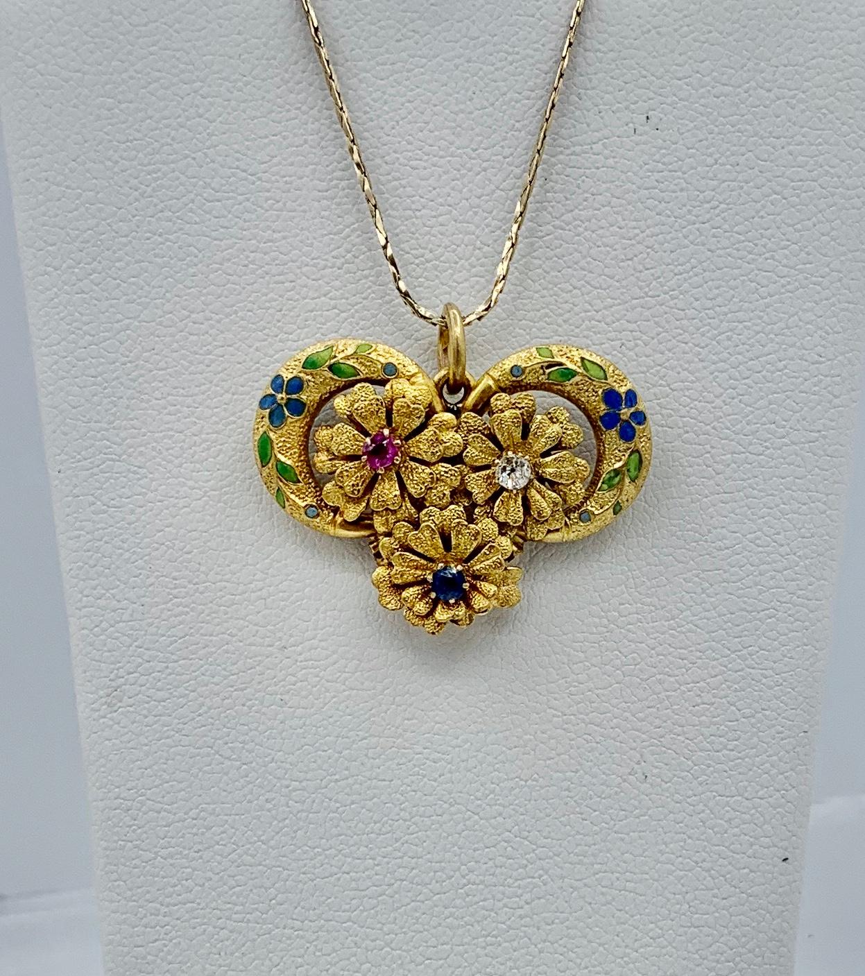 De las mujeres Art Nouveau Zafiro Rubí Diamante Esmalte Colgante Flor Collar Oro 14 Kilates en venta
