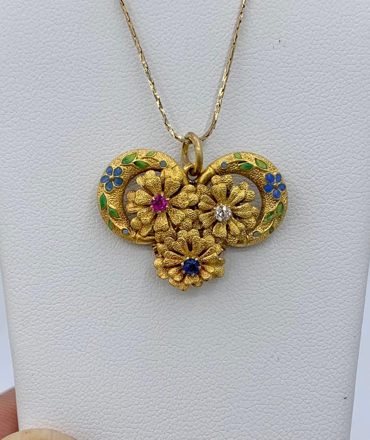 Art Nouveau Zafiro Rubí Diamante Esmalte Colgante Flor Collar Oro 14 Kilates en venta 2