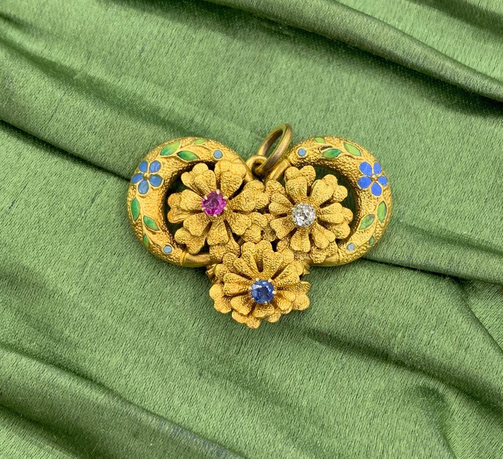Art Nouveau Zafiro Rubí Diamante Esmalte Colgante Flor Collar Oro 14 Kilates en venta 3