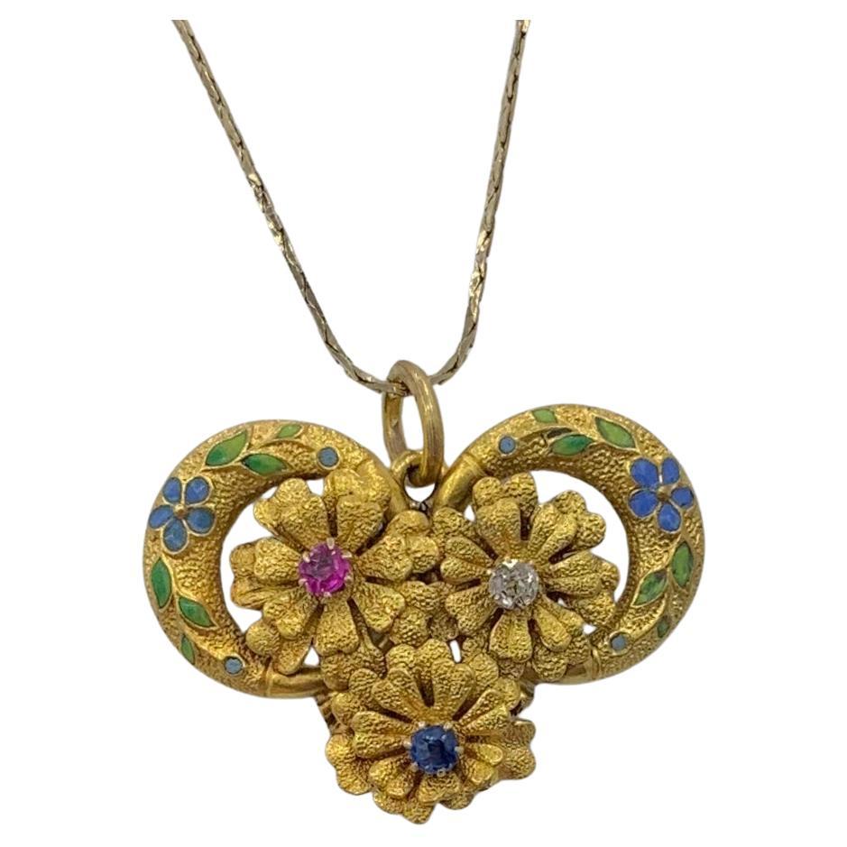 Art Nouveau Zafiro Rubí Diamante Esmalte Colgante Flor Collar Oro 14 Kilates