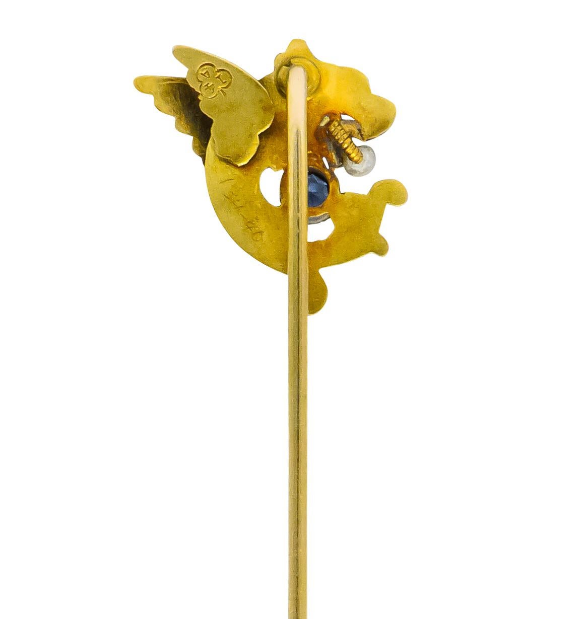 Art Nouveau Sapphire Seed Pearl 14 Karat Gold Winged Griffin Stickpin In Excellent Condition In Philadelphia, PA